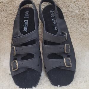 Coasters Black Sandals Women’s 6W Wide Faux Leather Comfort Slip-On Shoes